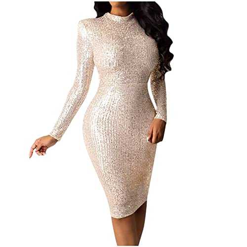 WLHBF Mother of The Bride Dresses Women's Midi Dress Long Sleeve Solid Color Sequins Dress Stylish Elegant Sexy Dresses Party Slim Dress Cotton Maxi Dresses for Women Casual Summer