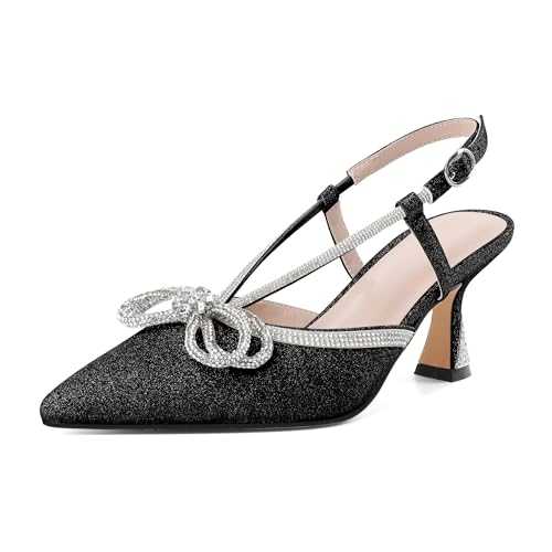 SAMMITOP Women's Slingback Rhinstone Bow Heels Low Kitten Heel Double Bow Pumps Pointed Toe Adjustable Ankle Strap Sparkly Prom Wedding Dress Shoes 2.5 Inch