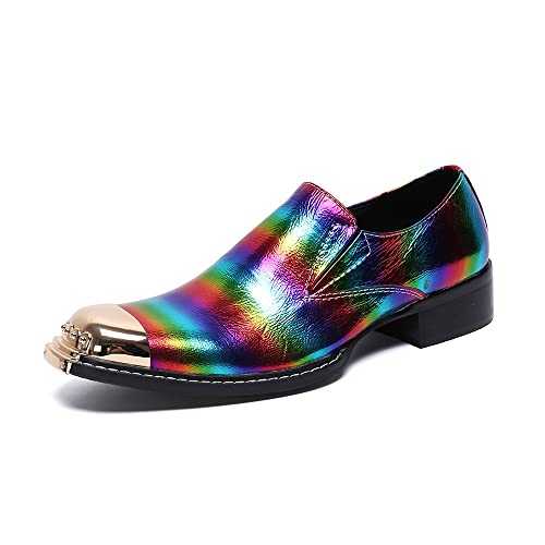 New Formal Loafer Dress Oxford for Men Rainbow Colorful Metal Toe Block Heel Block Heel Slip On for Club Genuine Leather