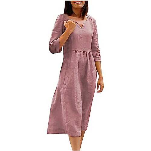 Dress for Women UK Clearance Linen Midi Dresses 3/4 Sleeve V Neck Casual Dresses Boho Beach Summer Long Dresses Solid Baggy Shirt Dresses Elegant Swing Plus Size Dresses UK Size S-3XL