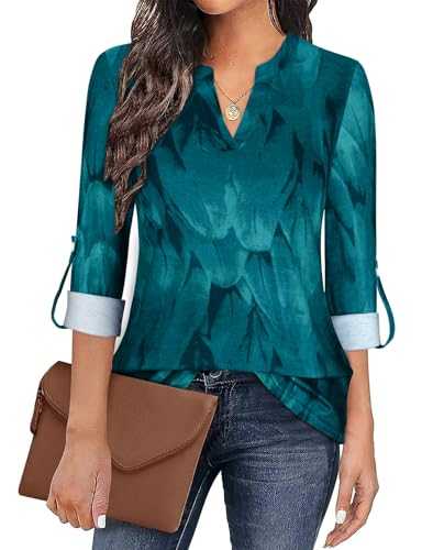 Syphiby Womens Casual Tunic Blouse Loose Long Sleeve Tops V Neck 3/4 Rolled Up Sleeve Henley Shirts S-3XL