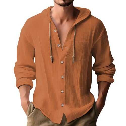 Mens Hoodie Cotton Linen Shirts Lightweight Hoodie with Chest Pocket Beach Tops Summer Button Down Tshirts Grandad Collar Shirts Loose Fit Long Sleeve Shirt, Summer Linen Shirt