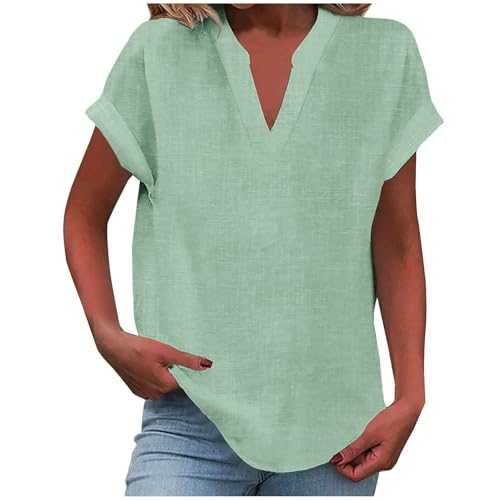 Cocila Women's Casual Cotton and Linen T-Shirt Short Sleeved V-Neck Breathable Pullover, Loose Plus Size Outerwear, Work Shirt, Ladies Summer Comfort Clothing with Pockets/no Pockets