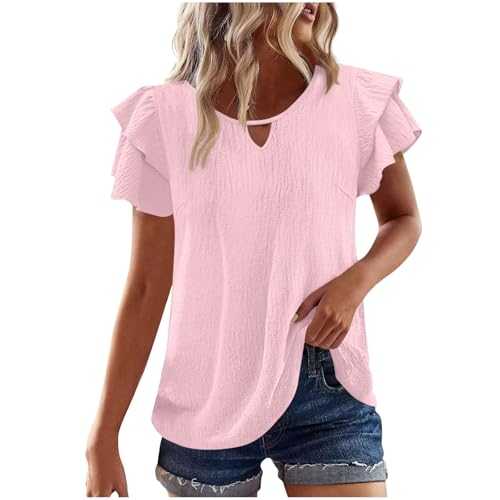 Women's Summer Cotton Linen Cap Sleeve UK Clearance Ladies V Neck Tops Puff Short Sleeve T-Shirt Tunic Blouse Shirts Tunic Tops Baggy Solid Color Plain Casual Trendy Lounge Blouses