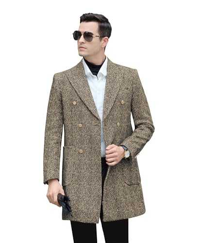 Diaryan Men's Peacoat Jackets Grey Coats Casual Winter Trench Coat Herringbone Long Jacket Warm Wool Overcoat for Men