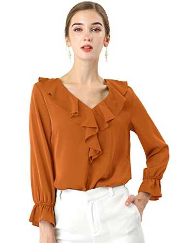 Allegra K Women's Ruffle V Neck Chiffon Blouse with Bracelet Sleeves, Blue, Size 12
