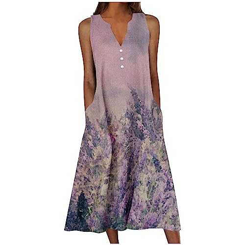 AMhomley Womens Dresses Sale Clearance Summer Casual Sleeveless Long Dress Bohemian Floral Print Sundress V Neck Button Midi Dress Ladies T Shirt Dress Flowy Swing Beach Dress Holiday Clothes