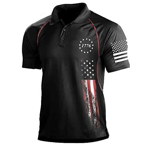 Men's Casual T Shirt Independence Day Printing Tee Tops Lightweight Short Sleeve Button Up Shirts Stretchy Regular Fit Lapel Collar Shirt Summer Classic Fit Polo Shirt for Everyday Life