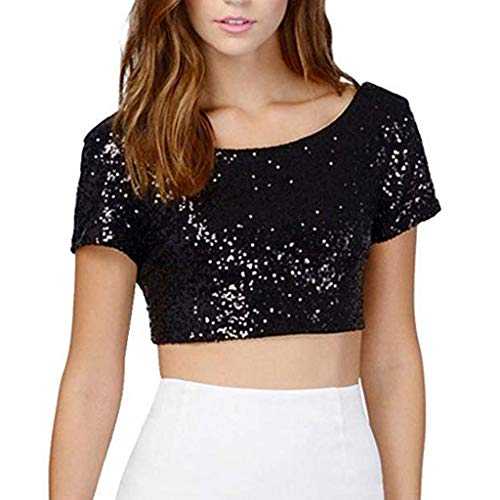 Sequin Tops for Women UK Sparkly Glitter Top Ladies Short Sleeve Blouse Shining Shimmer Wedding Shirts Going Out Wrap Tops Crew Neck Elegant Plus Size Blouse Festival Party Evening T Shirt