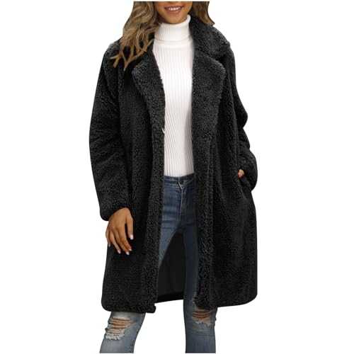 Womens Fuzzy Fleece Jacket Sherpa Teddy Long Trench Coat Faux Fur Warm Winter Outwear Fluffy Fuzzy Overcoat Mid Long Open Front Pea Coats Oversized Long Cardigan with Pockets Ladies Sale Clearance