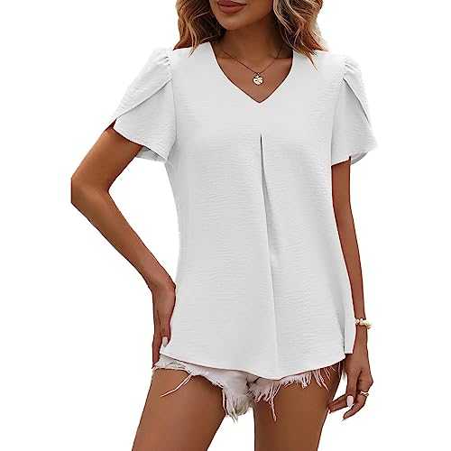 LEKOPUR Womens Blouses V Neck Tops Chiffon Blouse for Women Elegant Casual Short Sleeve T-Shirt Floaty Ladies Tunic Blouse Shirts