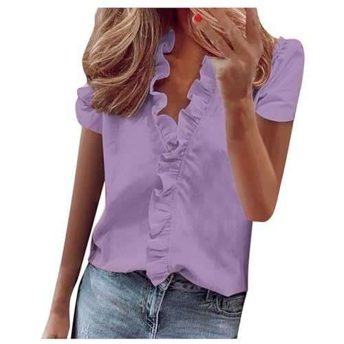 Womens Frill Shirts Summer Short Sleeve Blouses UK Ladies Plus Size Dressy Tops Button Down Casual Tees Shirts Elegant Office Solid Tunic Tops Puff Sleeve Shirts Ruffle Tees Shirts