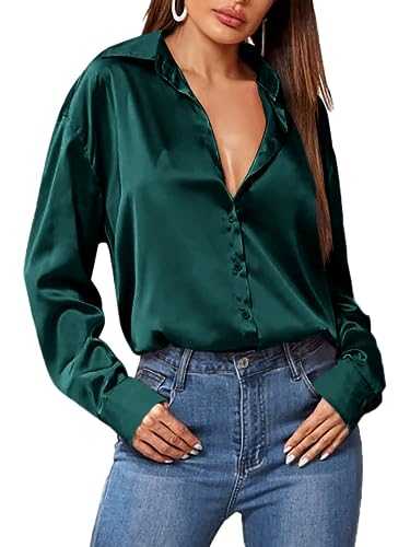 Zeagoo Silk Blouses for Women UK Satin Shirts Button Down Shirt Casual Loose Long Sleeve Office Work Tunic Tops