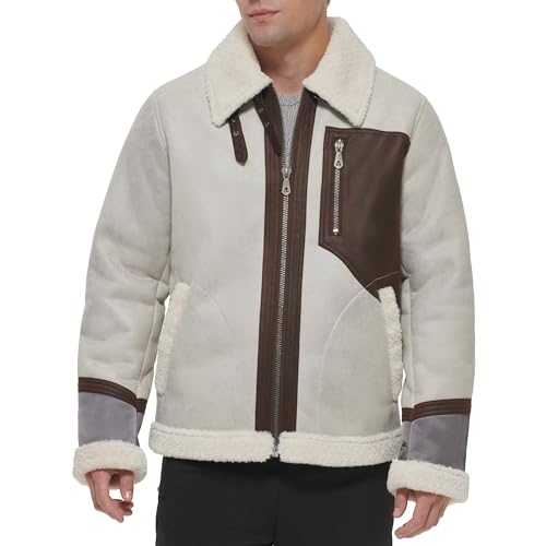 DKNY Men's Shearling Bomber Jacket with Faux Fur Collar Coat