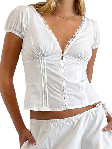 Women's Elegant V Neck Lace Trim Short Sleeve Tops Button Down Shirts Vintage Blouse Casual Business Work Tops