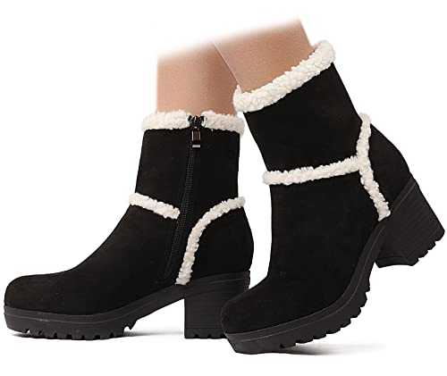 Faux Fur Lined Snow Boots for Women Warm Suede Chunky Heel Winter Booties Outdoor Platform Ankle Short Boots