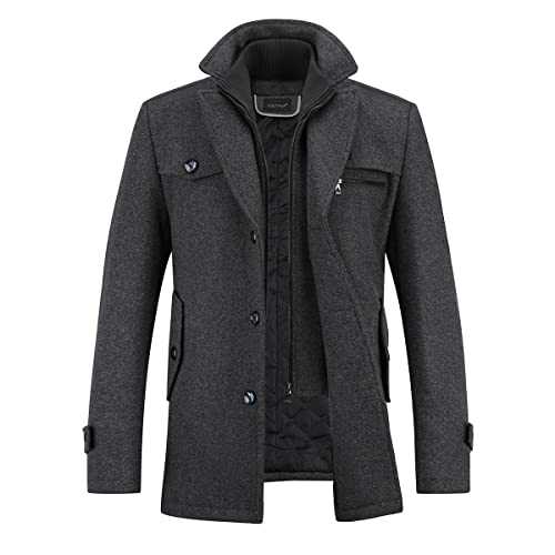 YOUTHUP Mens Winter Wool Coat Hip-Length Thick Trench Coats Padded Warm Peacoat Casual Outwear