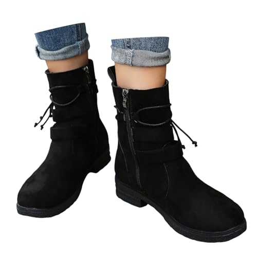 WILLBEST Womens Boots Short Boot Casual Fashion Pull on Western Boots Low Wedge Heel Booties Lace Up Zip Riding Boots