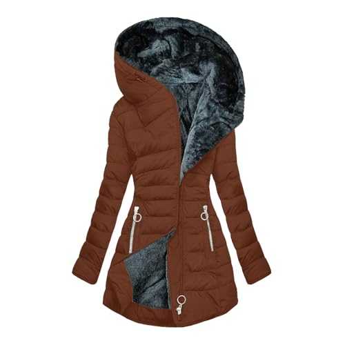 Women's Down Jacket Warm Fleece Lined Mid Length Puffer Coat Ladies Solid Color Thicken Long Sleeve Wool Coats with Hood Winter Casual Zip Up Outdoor Sherpa Jackets Hiking Parka