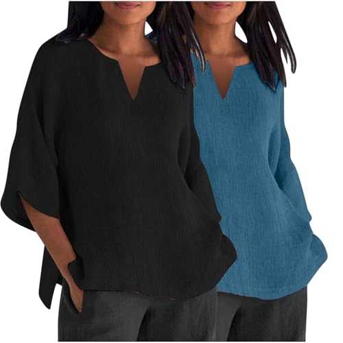 2PCS Womens Tops 3/4 Sleeve Shirts Casual V Neck Cotton Linen T Shirts Plus Size Blouse Loose Fit Pullover Dressy Tshirts Going Out Tops Trendy Y2K Outfits