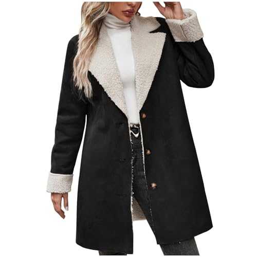 AMhomely Women Faux Suede Shearling Jacket Fleece Lined Jackets With Large Lapel Warm Coats Winter Sherpa Lined Jacket Ladies Suede Overcoat Cardigan Sherpa Lined Trench Coats Windbreak