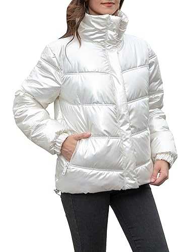 CRISSREXO Women's Quilted Shiny Puffer Jacket Metallic Winter Warm Zip Up Long Sleeve Stand Collar Padded Short Bubble Coat