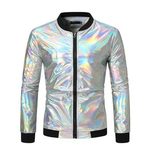 Rrongwn Men's Sequin Jacket 70s Disco Fancy Dress Shiny Metallic Costume Men's Metallic Jacket 70S Disco Christmas Party Varsity Jacket Zip-Up Baseball Bomber