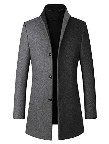 LaovanIn Men's Trench Coat Winter Long Jackets Business Wool Blend Pea Coat Single Breasted Overcoat Windproof