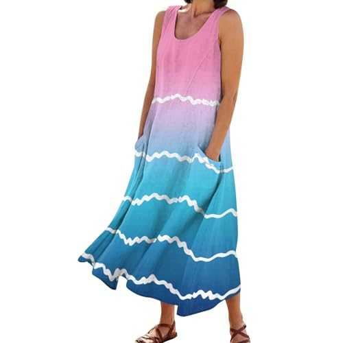 Womens Sundresses for Beach Round Neck Sleeveless Vacation Dresses Flowy Print Cotton Linen Dress with Pockets