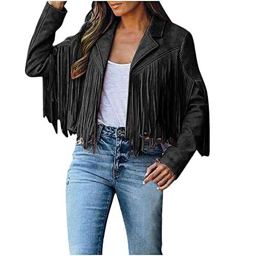 Jackets for Women UK Clearance Fringe Coat Cropped Jacket Winter Fall Faux Suede Leather Cowboy Style Coat Long Sleeve Tassels Cardigan Coats Outerwear Casual Short Shacket Jackets Coats