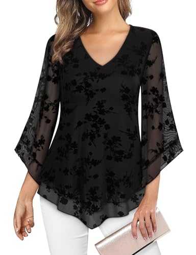 Gemulate Womens Tops Ruffle 3/4 Sleeve Blouses for Women UK Loose Flowy Ladies V Neck Chiffon Tunic Tops Double Layers Mesh Shirts