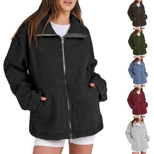 Womens Oversized Sherpa Fleece Jacket Zip up Teddy Coat, Sherpa Zip up Women, Winter Warm Stand Collar Fuzzy Outerwear