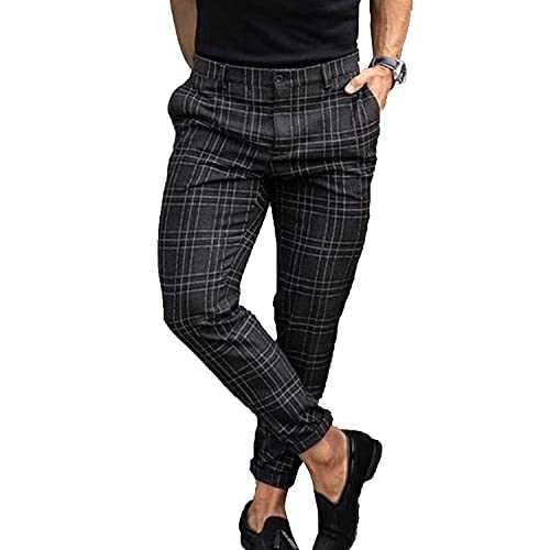 Men's Slim Fit Stretch Plaid Dress Pants with Pockets Checks Pattern Chino Trousers Fashion Casual Elasticity Button Pant