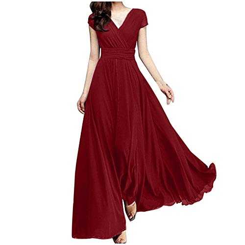 Skang long dresses for women UK Women's V-Neck Solid Color Short Sleeve Chiffon Waist Closing Evening Dress