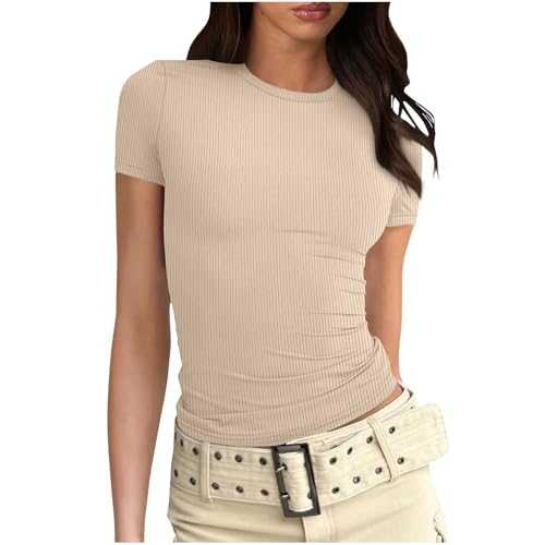 T Shirts for Women UK Sale Clearance, Ladies Summer Tops Slim Fit Ribbed Short Sleeve T-Shirts Solid Color Y2K Top Crew Neck Blouses Casual Basic Tee Lightweight Loose Tshirts Size 8-16