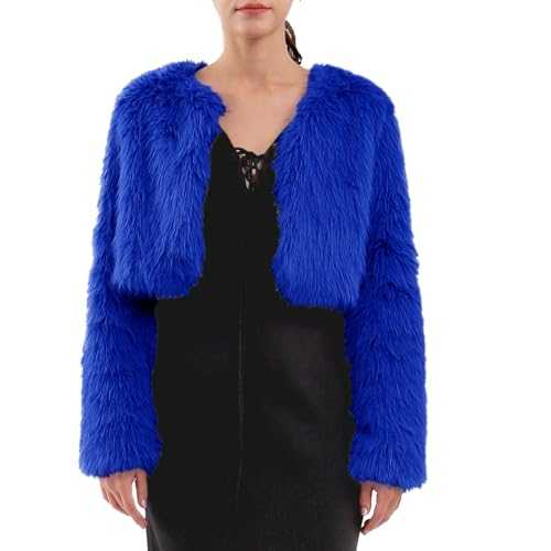 Amazhiyu Womens Faux Fur Coat, Winter Short Long Sleeve Jacket, Solid Crew Neck Open Front Outwear Plush Warm Cardigan Shaggy Artificial Fur Outerwear