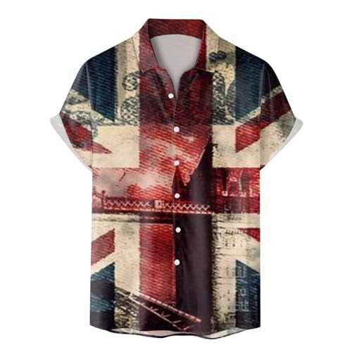 Men's Summer Casual Independence Day Flag Print Shirt Short Sleeve Turn Down Collar Shirt Mens Flannel Shirts Long Sleeve