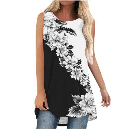 AMhomely Floral Vest Tops for Women Ladies Long Tank Tops Vintage Summer Sleeveless Pullover Tops Crewneck Loose Camisole Tops T Shirts Elegant Swing Blouse Going Out Tees Shirts Holiday