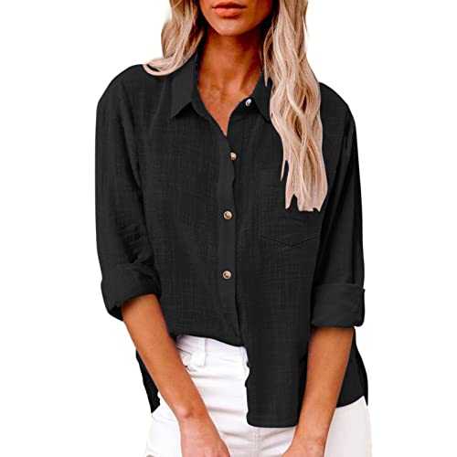 Womens Long Sleeve Shirt Button Down Casual Tops Cotton Linen Shirts Summer Tshirt Tops V Neck Roll Up Loose Fit Blouses Collared T Shirt Oversized Tees Shirts Dressy Office Work Blouse