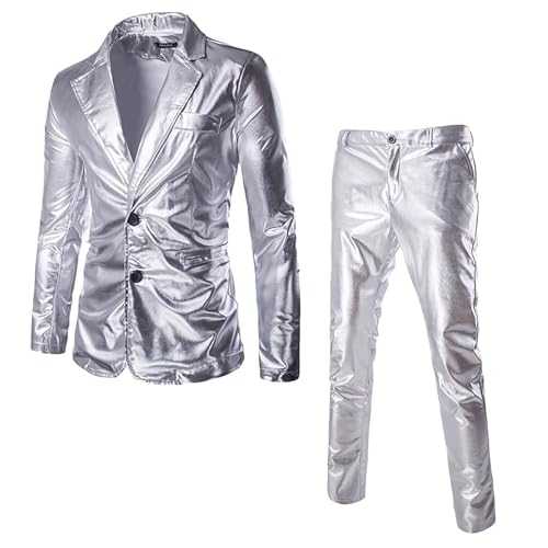 Shiny Suits for Men - Mens Sequin 2 Piece Suit Shiny Jacket and Pants Mens 2 Piece Disco Suit Sets Mens Night Club Metallic Gold Blazer and Straight Leg Trousers Slim Fit Wedding Formal Dinner Suit