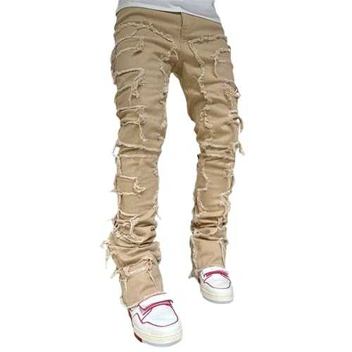 FOMOYUU Ripped Jeans for Men Slim Denim Regular Fit Stacked Denim Distressed Destroyed Pants Mens Washed Jeans with Hole