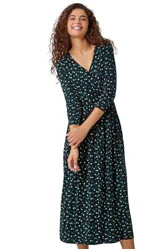 Roman Originals Ditsy Floral Print Dress for Women UK Ladies Ruched Midi Maxi Long Length Short Sleeve Sweetheart Neck Flattering Casual Summer Autumn Party Evening