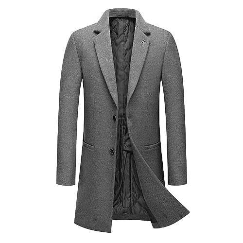 Allthemen Mens Trench Coat Mid Length Lapel Collar Button Down Winter Warm Thick Coat Slim Fit Jacket Outwear