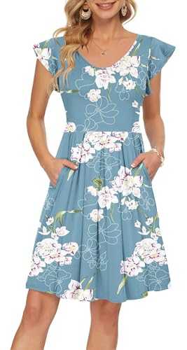 PLOKNRD Summer Midi Dresses for Women UK V-Neck Ruffle Short Sleeve Ladies Dress with Pockets Casual Knee Length Beach Coverup Dress