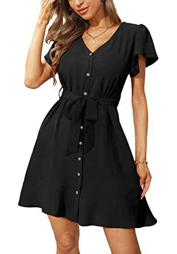 Aokosor Women Dress V Neck T Shirt Dress Ruffle Sleeve Summer Mini Dresses with Belt