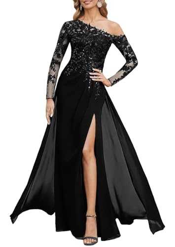 Sequin Lace Mother of The Bride Dresses for Wedding with Slit Long Sleeves Mermaid Prom Formal Gown with Pockets