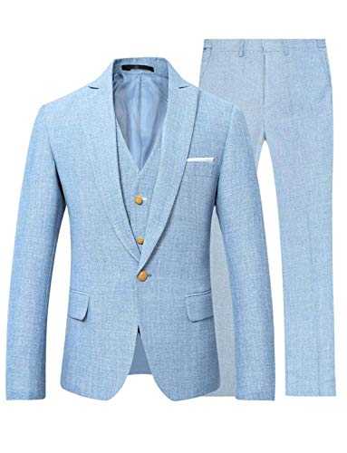 YZHEN Men's Linen Suit Three Piece Set One Button Wedding Tuxedo