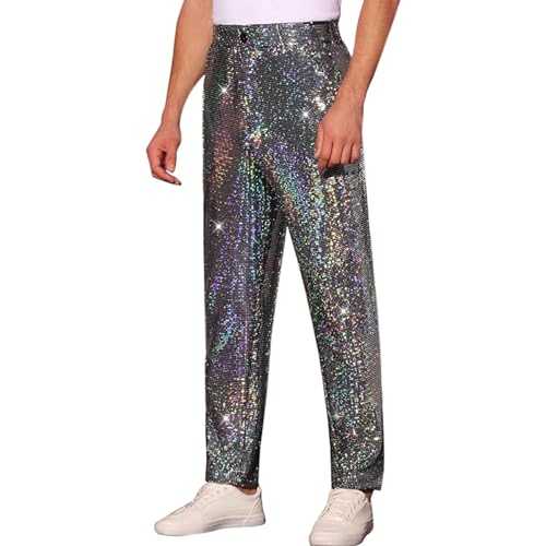 Mens Retro Disco Straight Leg Trousers Fashion Casual Shiny Sparkly Sequins Ankle Length Pants Classic Nightclub Party Rock Loungewear 80s Male Glitter Suit Trouser