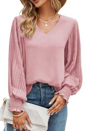 Aifer Women's Casual V Neck Chiffon Blouses Pleated Lantern Long Sleeve Flattering Dressy Tops Elegant Work Shirts Tunic