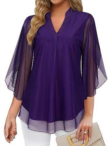 Flikity Womens Blouses 3/4 Ruffle Sleeve Ladies Tunic Tops Double Layers V Neck Chiffon Tops Dressy Casual Tops Floral Mesh Shirts M-3XL